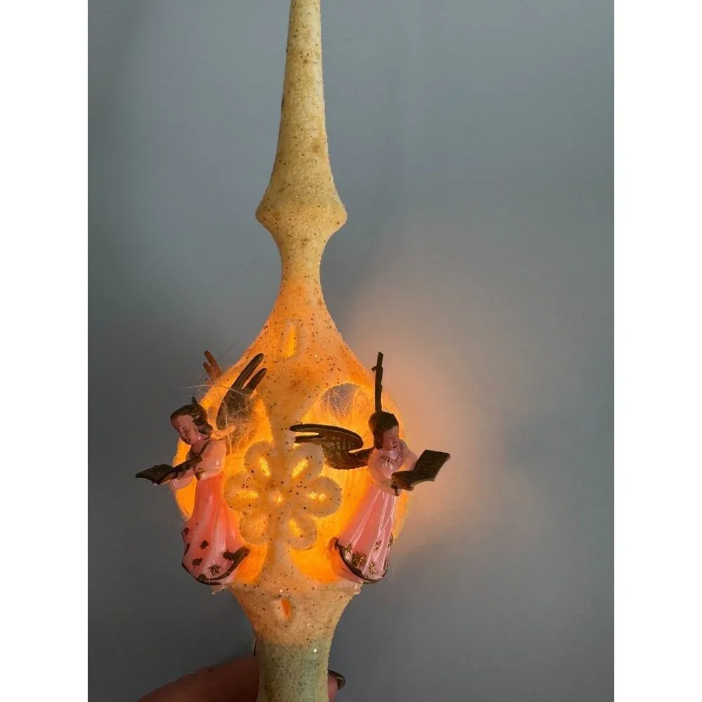 Vintage Celluloid Flocked Angel Christmas Tree Topper Lighted Germany 12